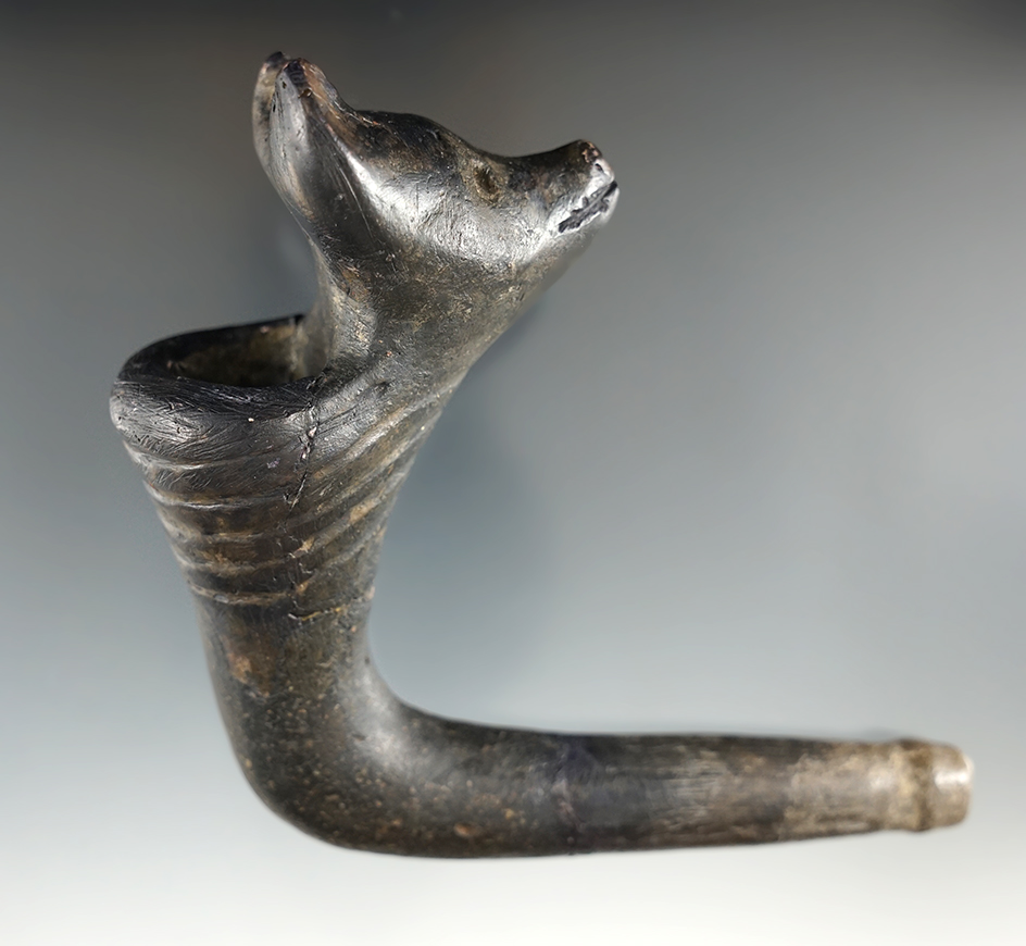 4" long x 3 3/4" tall Bear Effigy clay Pipe found in New York.  Restoration & broken/reglued stem.