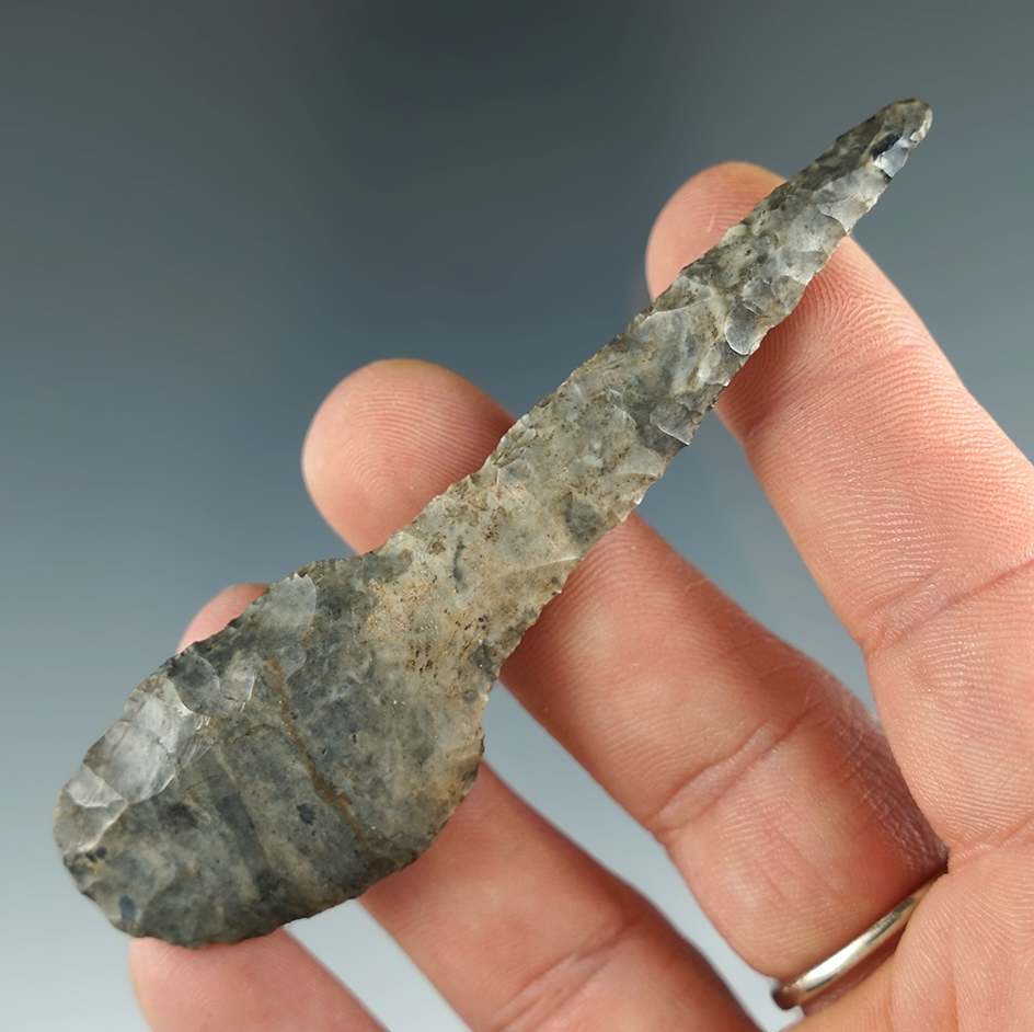 3 7/16" Drill made from Coshocton Flint, found in Fayette Co., Ohio. Ex. Saunders.