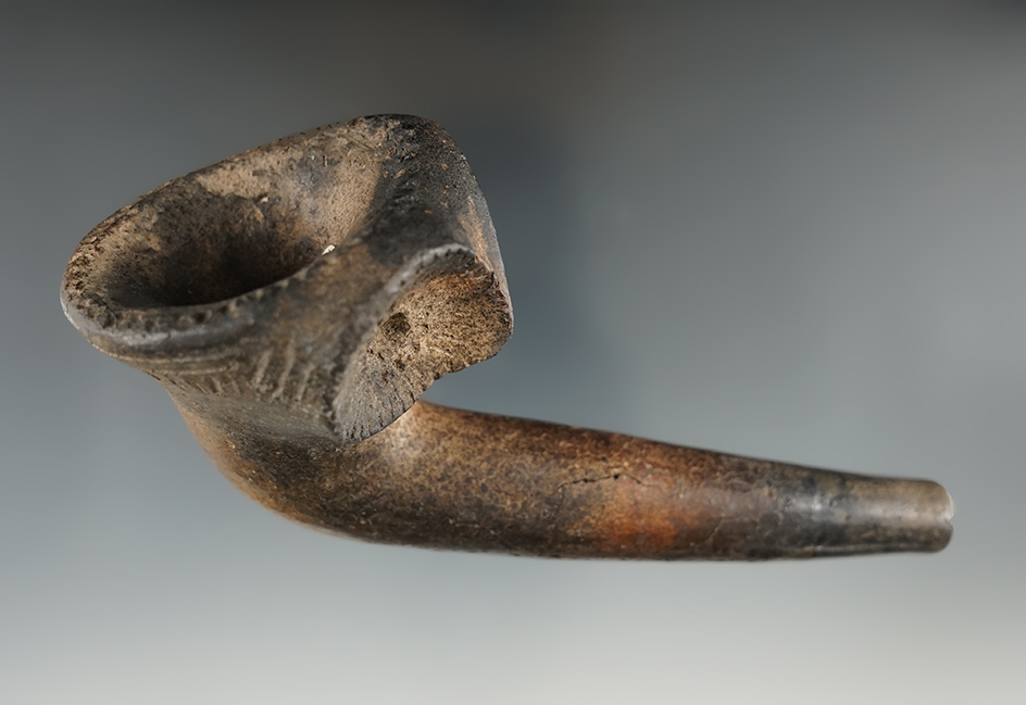 5" Owl Effigy Iroquois Clay Pipe - Jefferson Co., New York. Nice condition w/ broken/mended stem.