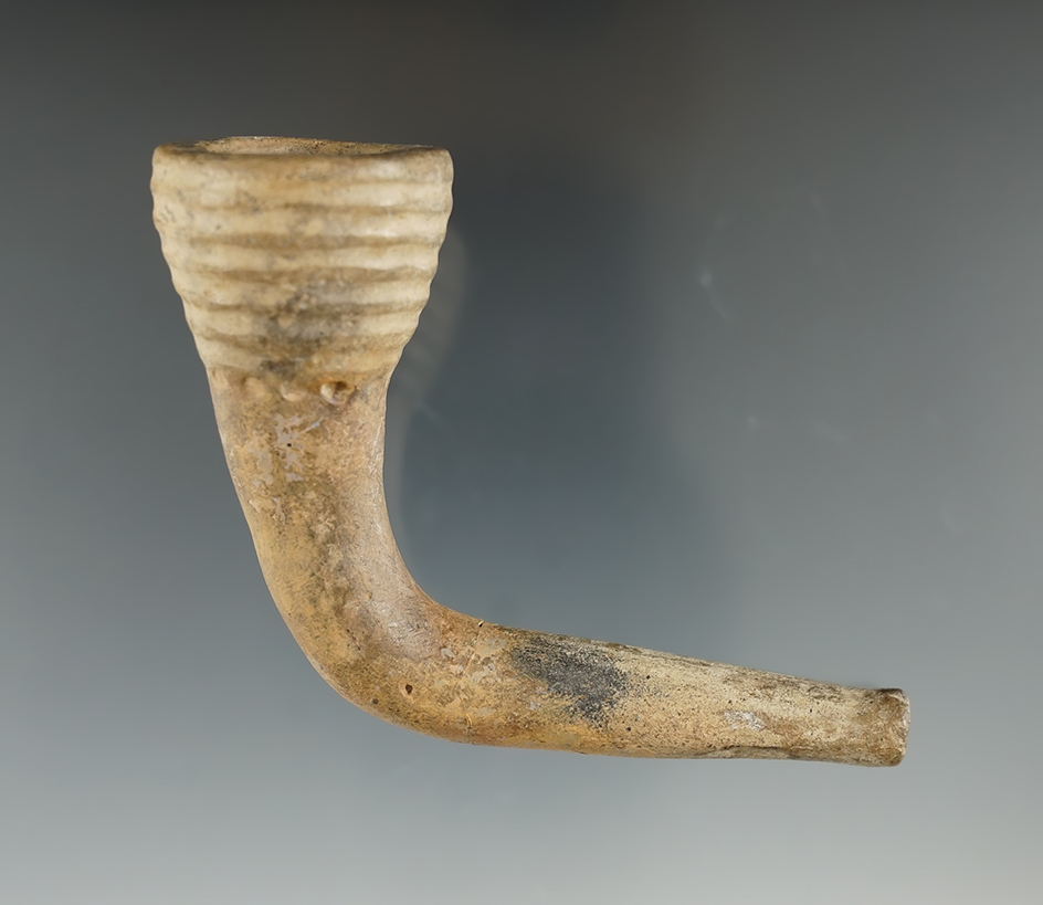 3 1/4" x 2 1/2" tall Iroquois Clay Ring Bowl Pipe - Cayuga Co., New York. Mended/repaired elbow.