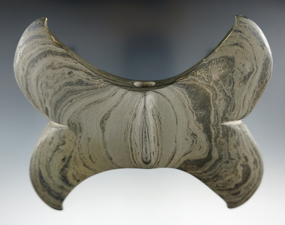 Sale Highlight 5 1/4" Archaic Double Crescent Bannerstone. Found in Hardin Co., Ohio. Restoration.
