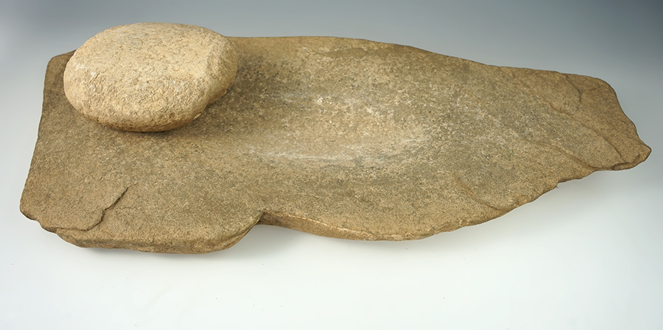 20 1/2" Stone Metate and 5 1/2" Mano, found with near Austin, Texas. * Extra shipping applies*
