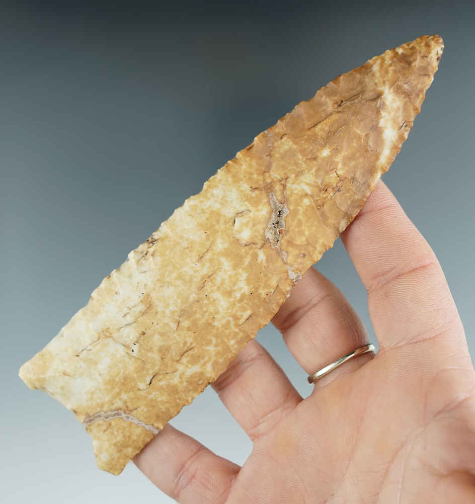 5 7/16" Sloan Dalton made from river patinated flint. Found in Green Co., Arkansas. Bennett COA.