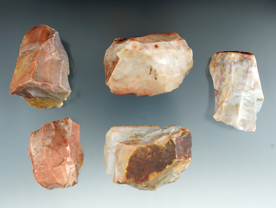 Set of five colorful Flint Ridge Flint Hopewell cores found in Licking Co., Ohio. Largest is 2 1/16"