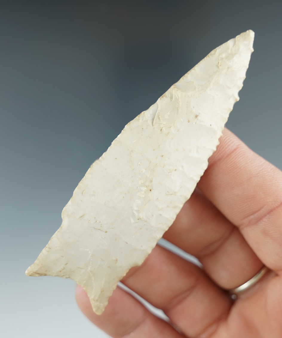 Excellent flaking in classic style 3 3/8" Burlington Chert Holland found in the Missouri/Illinois ar