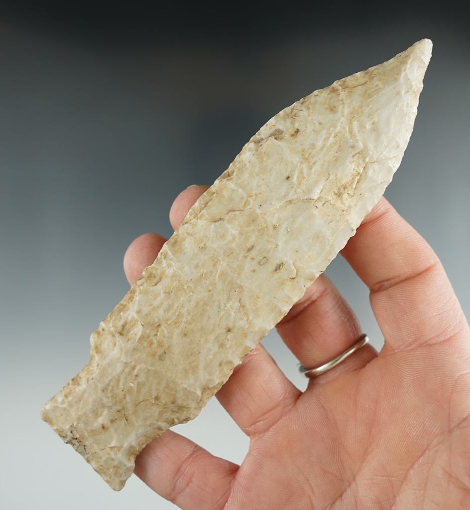 5 3/16" Etley made from Burlington Chert, found in Missouri. Comes with a Jerry Dickey COA.