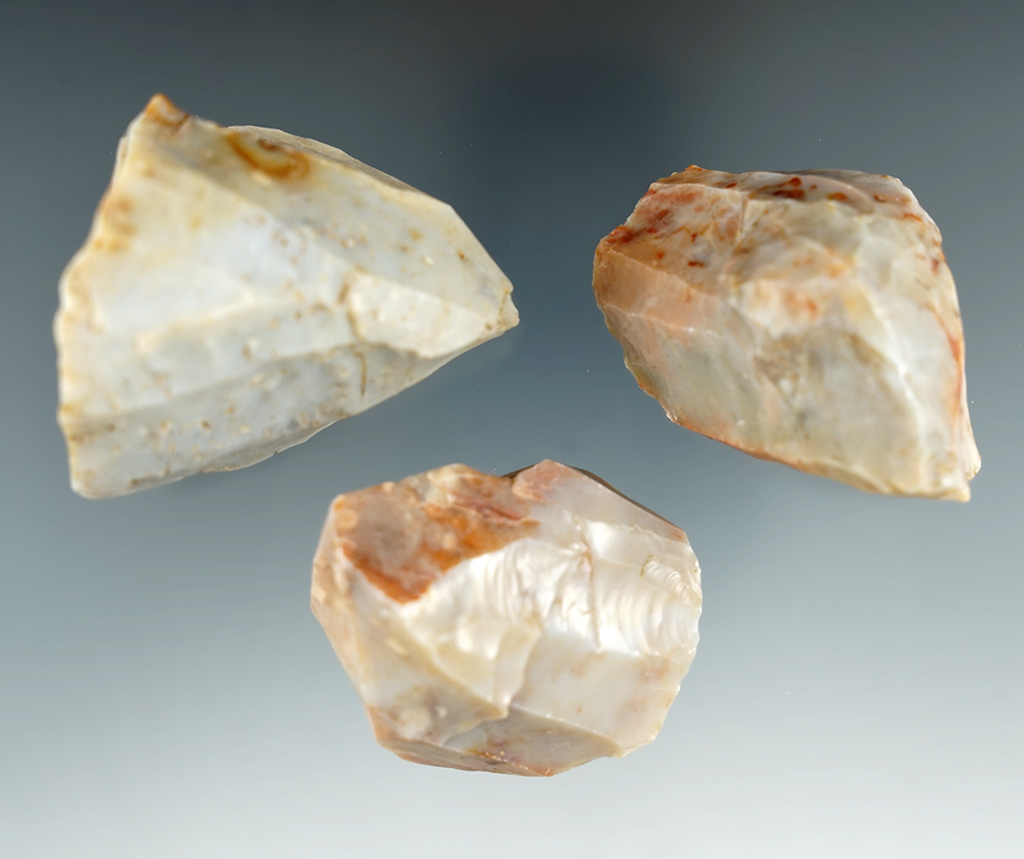 Set of three nice Flint Ridge Flint Hopewell cores found in Licking Co., Ohio. Largest is 2 1/4".