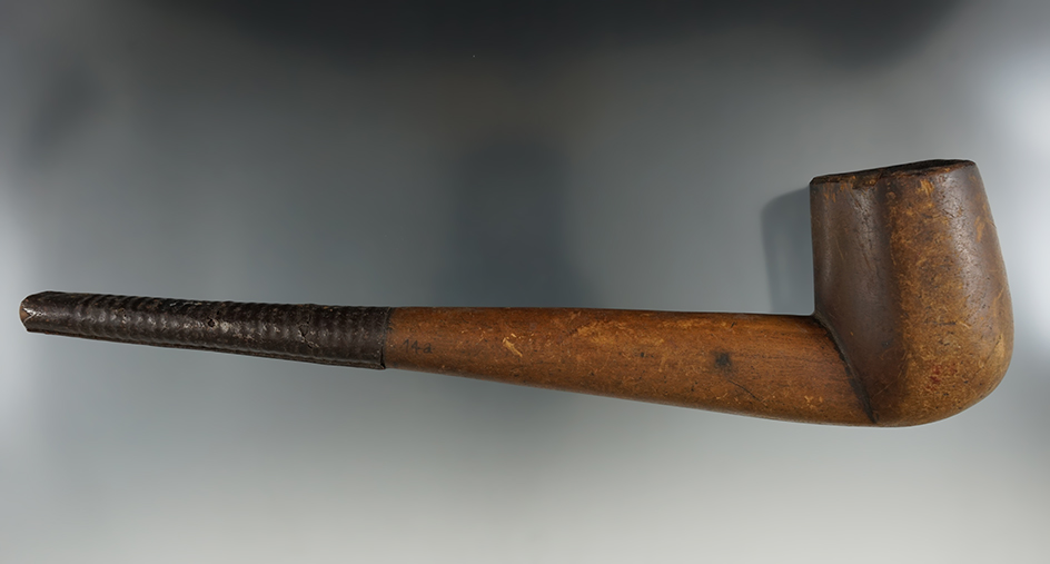 Large 10" Early American wood Pipe with a tin-wrapped stem area. From New York.