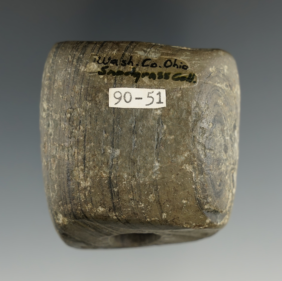 2 3/16"  anciently salvaged Slate Bannerstone found in Washington Co., Ohio.