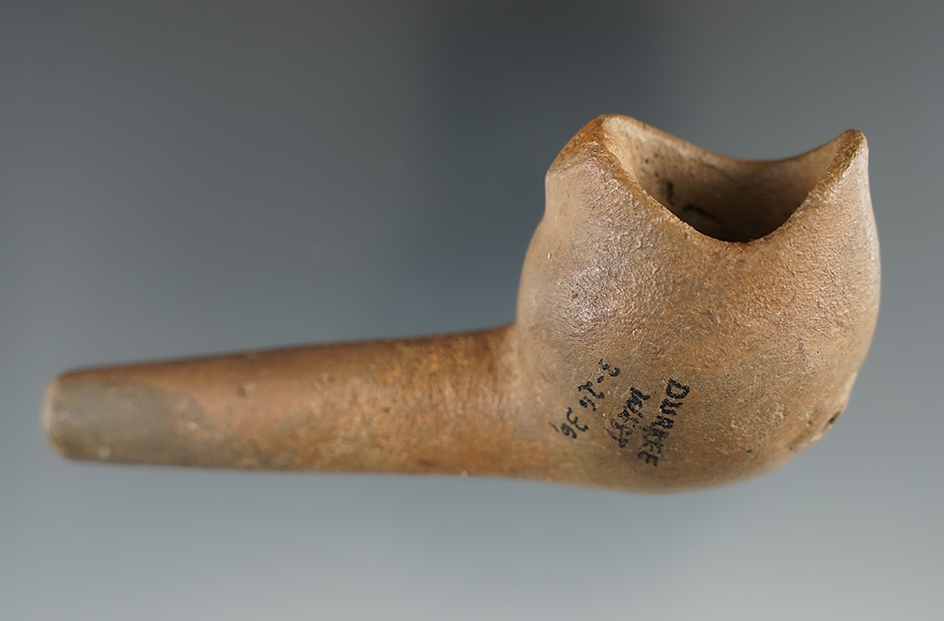 3 7/8" long Iroquois clay open mouth animal effigy Pipe, found in New York. Restoration.