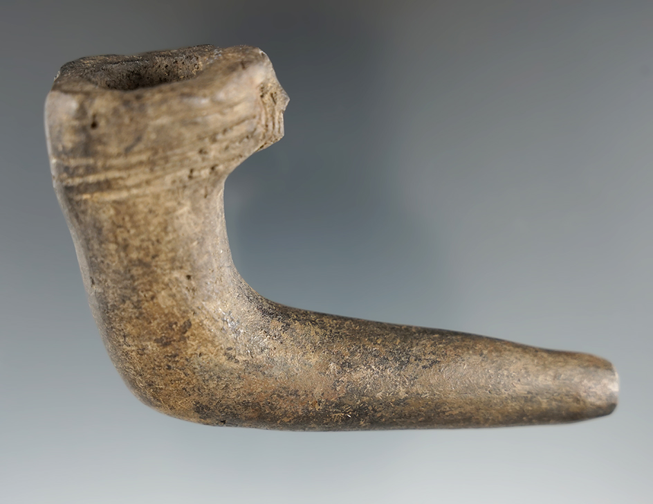 3 1/4" long x 2 1/8" tall Iroquois clay Human Effigy Pipe with restoration. Found in New York.