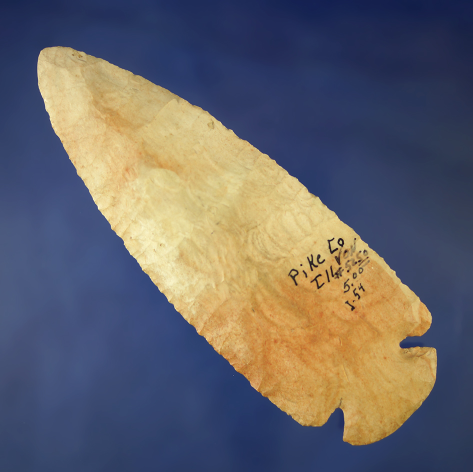 4 3/4" Dovetail made from Payson Chert. Found in Pike Co., Illinois. Comes with a Dickey COA.