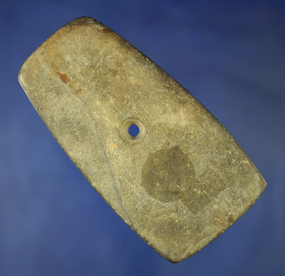 Heavily patinated 3 3/4" Slate Pendant with engraving on one side, found in Ohio.