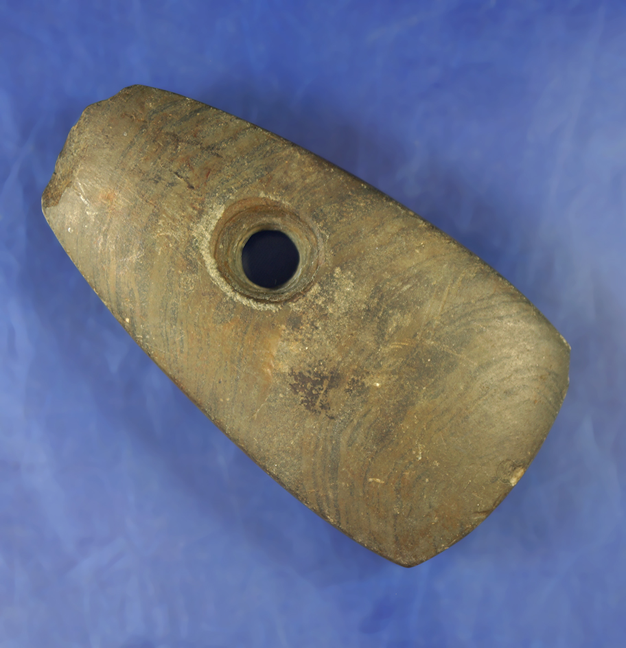 3 1/4" Slate Pendant with oversized perforation, found in Ross Co., Ohio.