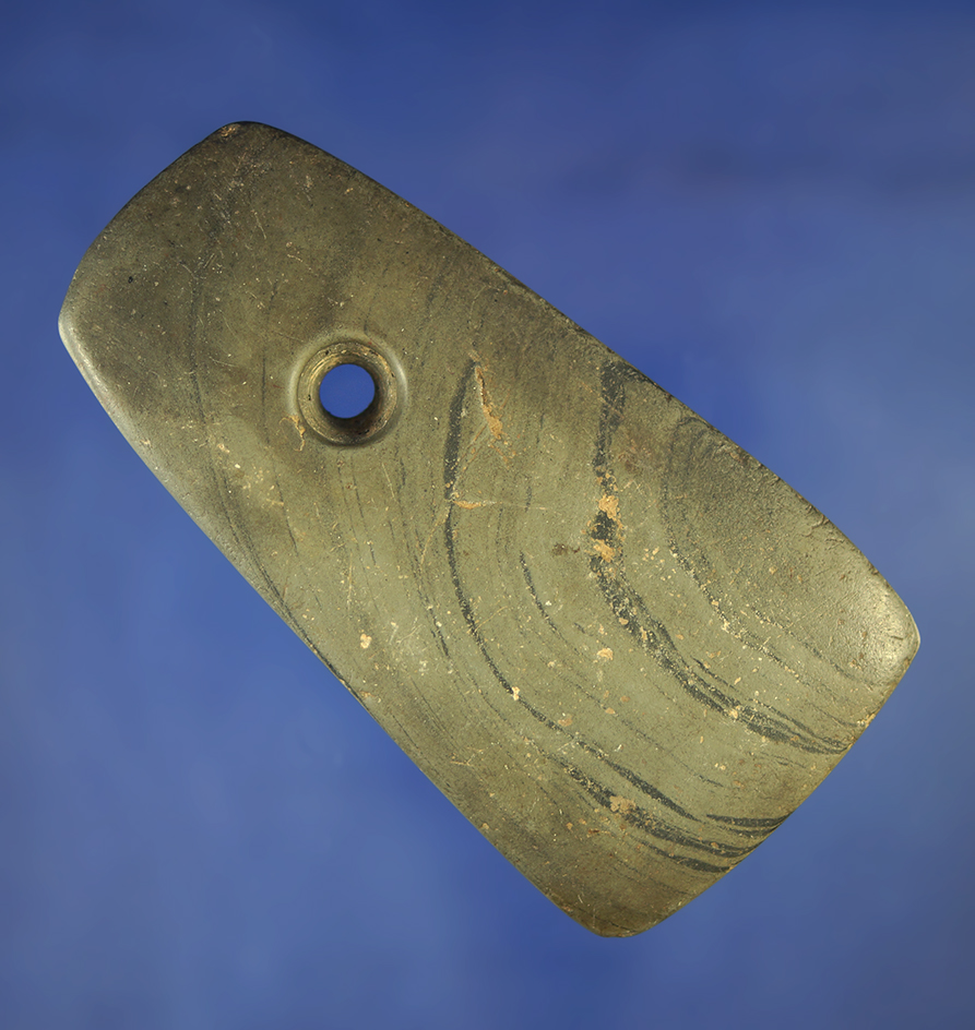 3 1/2" nicely patinated green banded slate Trapezoidal Pendant found in Lenawee Co.,  Michigan.