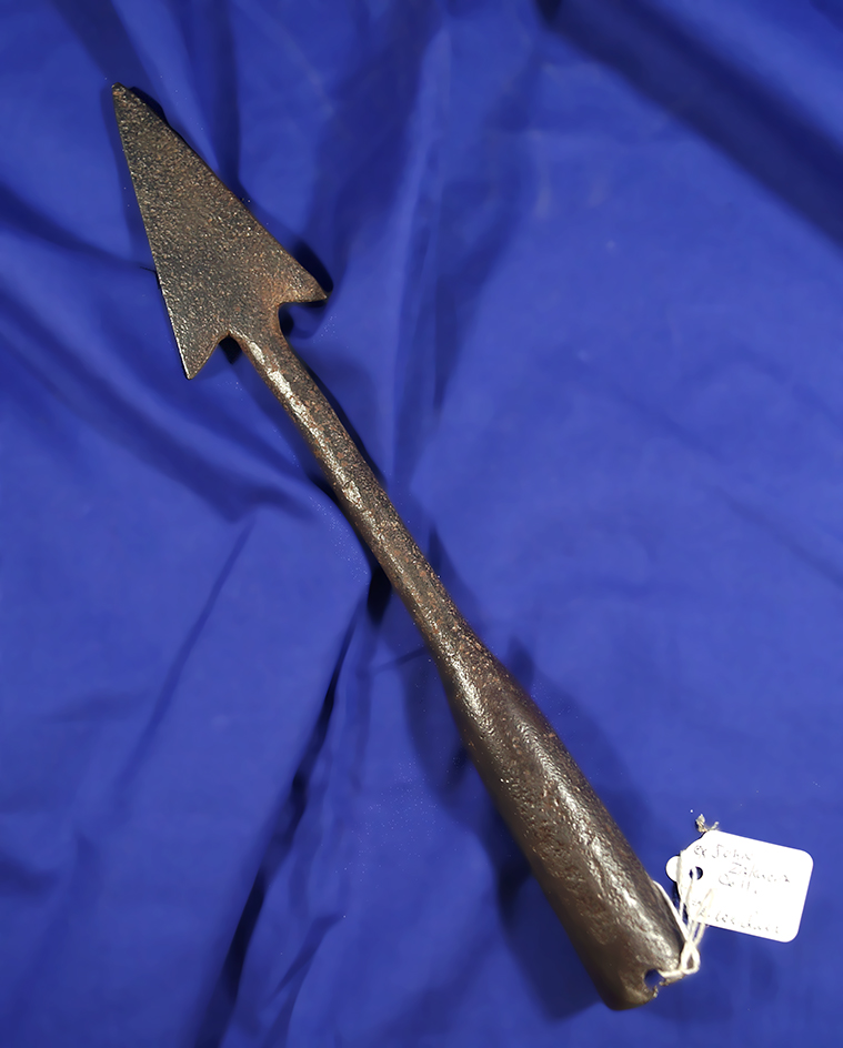 Large 11 5/8" long iron spear that is hand forged. Ex. John Sakucia, Len Weidner collections.