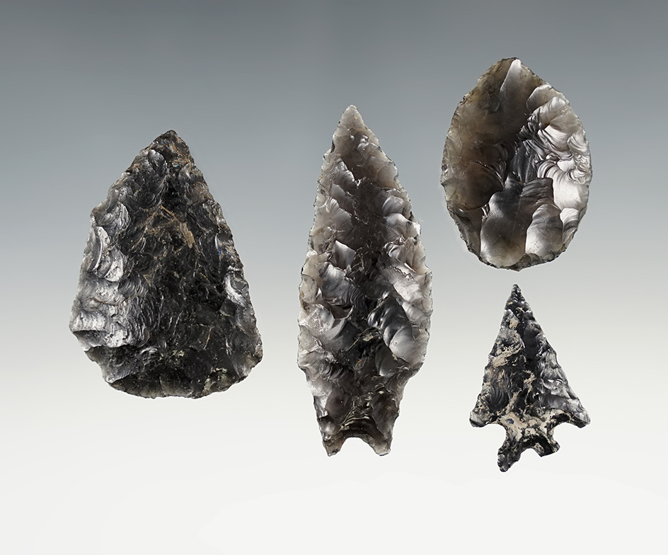Set of 4 well made Obsidian points found in Klamath, Oregon. The largest is 2 1/2".