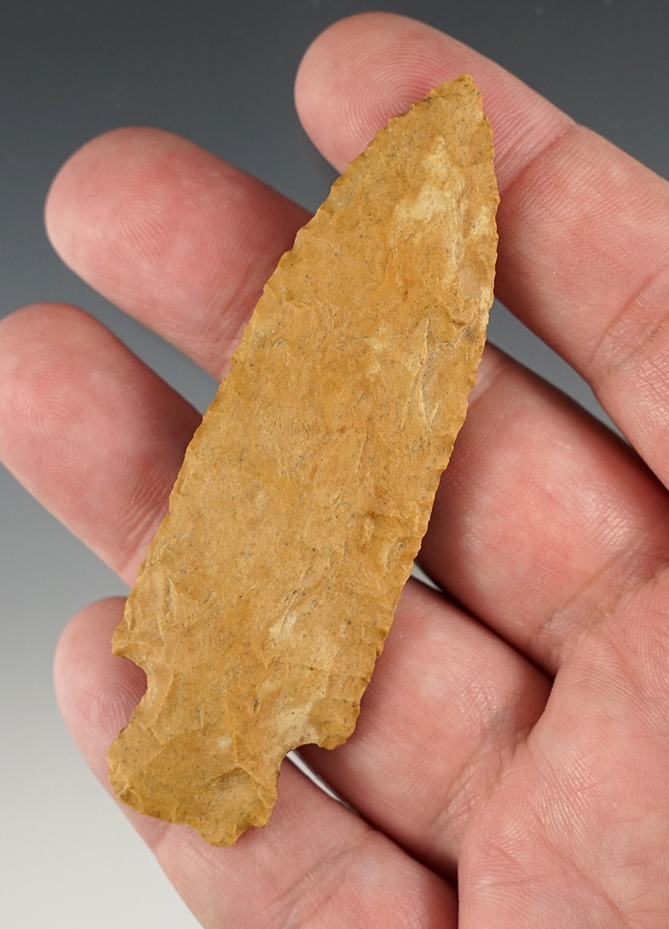 Well patinated 3 1/4" Stemmed point found in Tennessee.