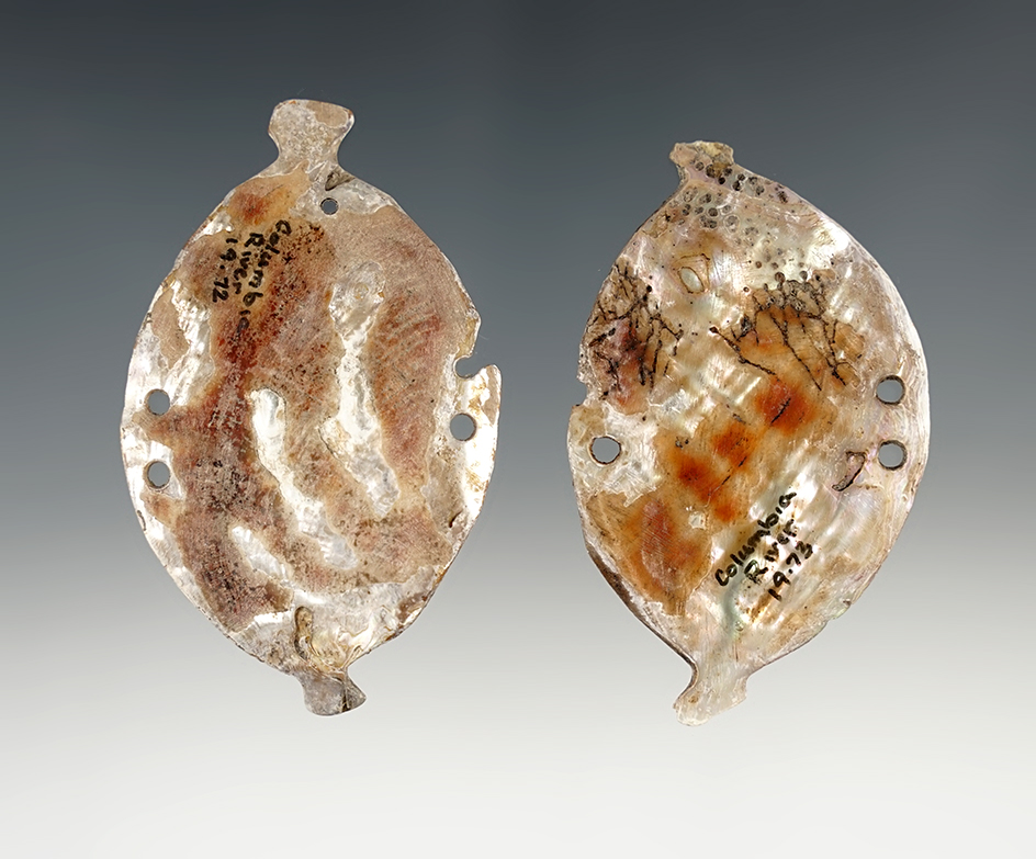 Pair of rare drilled Abalone Shell Pendants found close to the Columbia River.