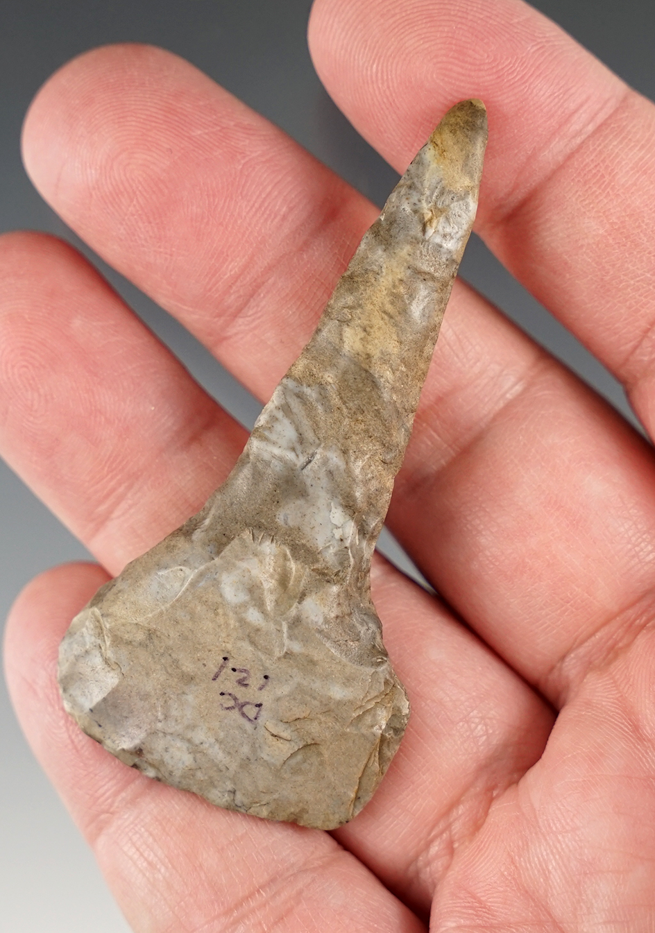 2 5/8" Coshocton Flint Drill found in Union Co., Ohio. Ex. Dick Coulter (#DC121), Steve Gray.
