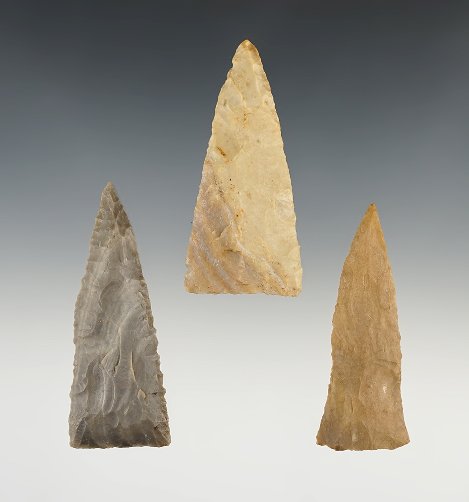 Set of 3 well made Triangle points found in Tennessee/Kentucky. The largest is 2 7/8".