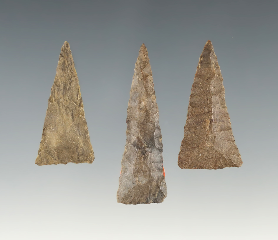 Set of 3 nice Triangle points found in Indiana. Ex. Dan Pearce. The largest is 1 3/4".