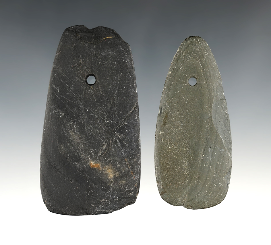 Pair of Ohio trapezoidal Pendants made from Slate. The largest is 4 3/4".
