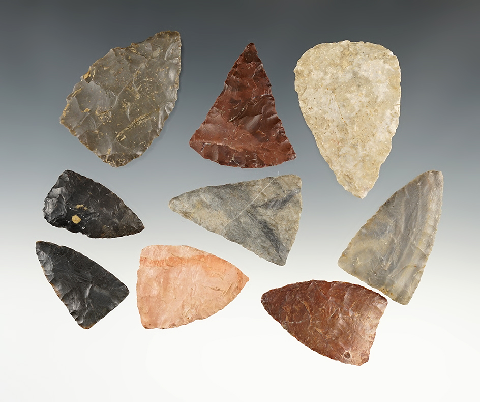 Set of 9 Triangular Blades found in Tennessee/Kentucky. The largest is 2 3/8".