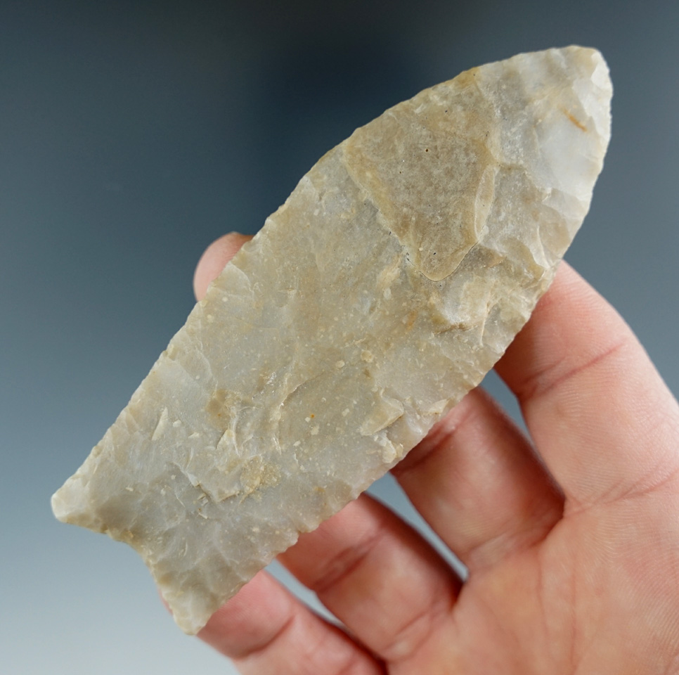 3 7/8" Unfluted Paleo Clovis - light gray Chert. Restoration to the blade edge - Oklahoma. COA