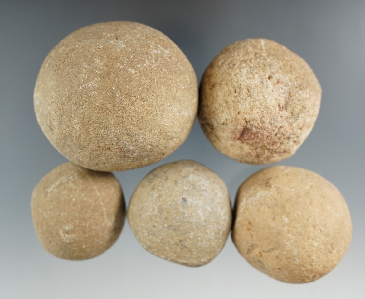 Set of five well used round Hammerstones found in Indiana, largest is 2 5/16".