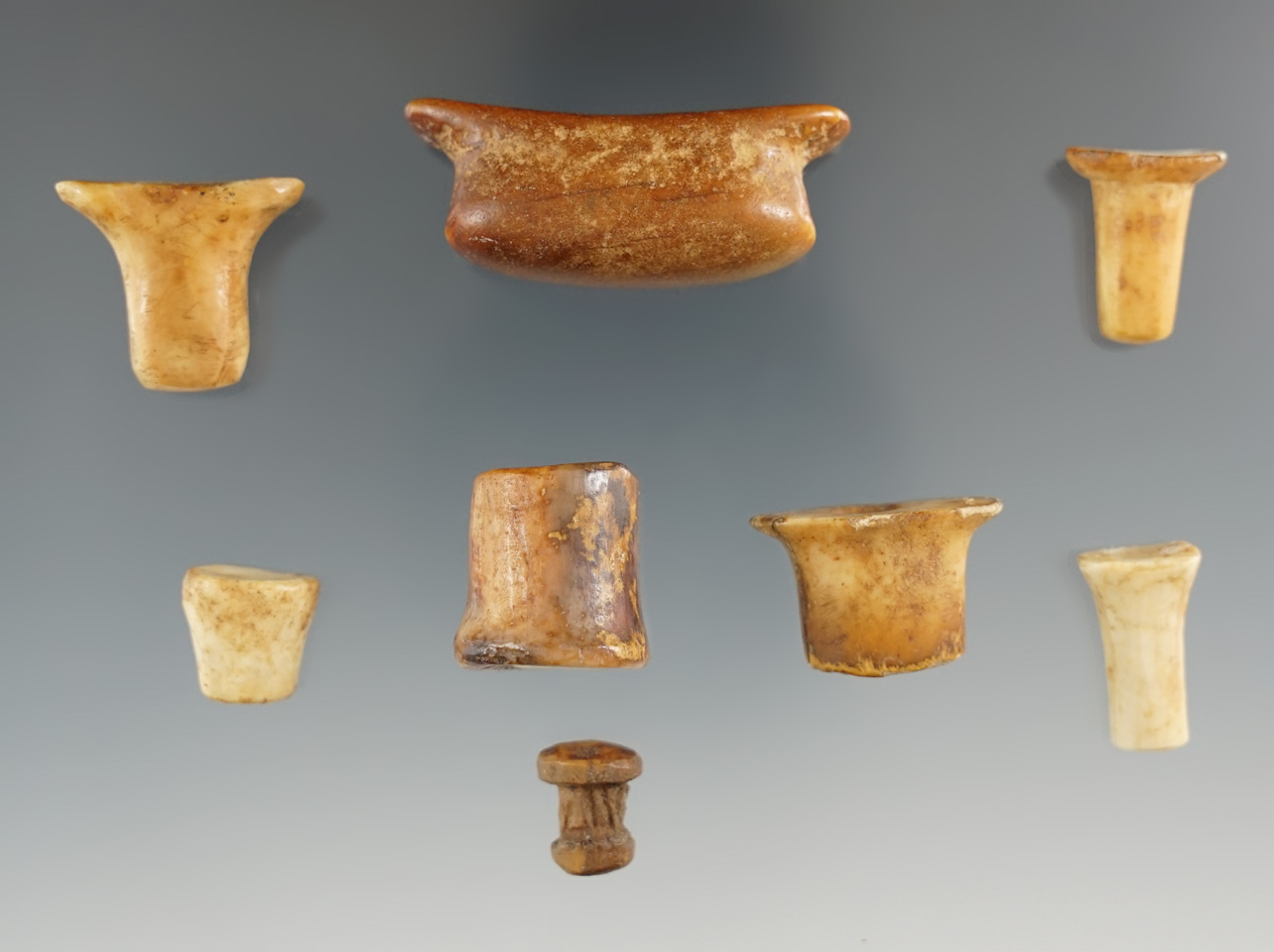 Set of eight Inuit ivory facial ornaments and Labrets found in Alaska. Largest is 1 5/8".