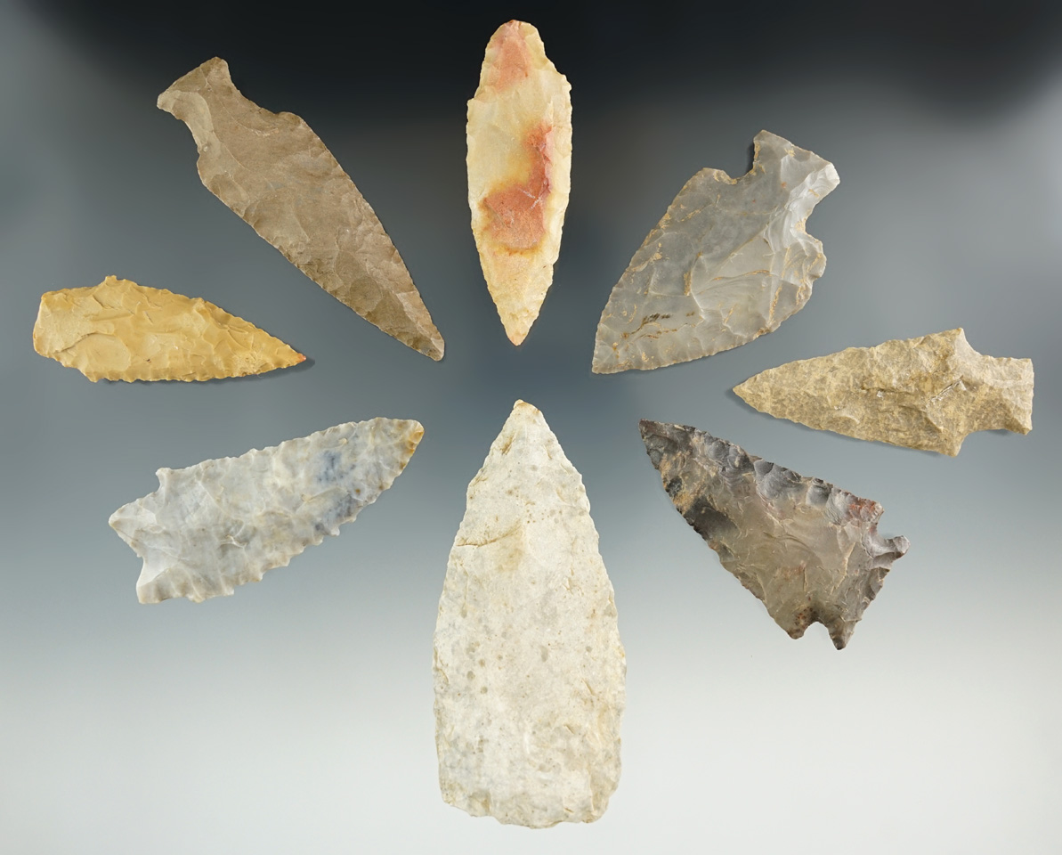 Set of eight Flint artifacts found in Kentucky and Tennessee, largest is 3 1/8". Ex. Henry English.