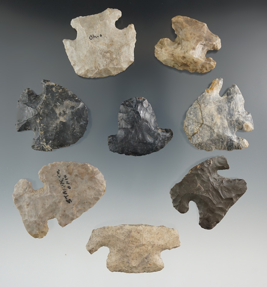 Set of eight Hafted Scrapers found in Ohio, largest is 1 15/16".