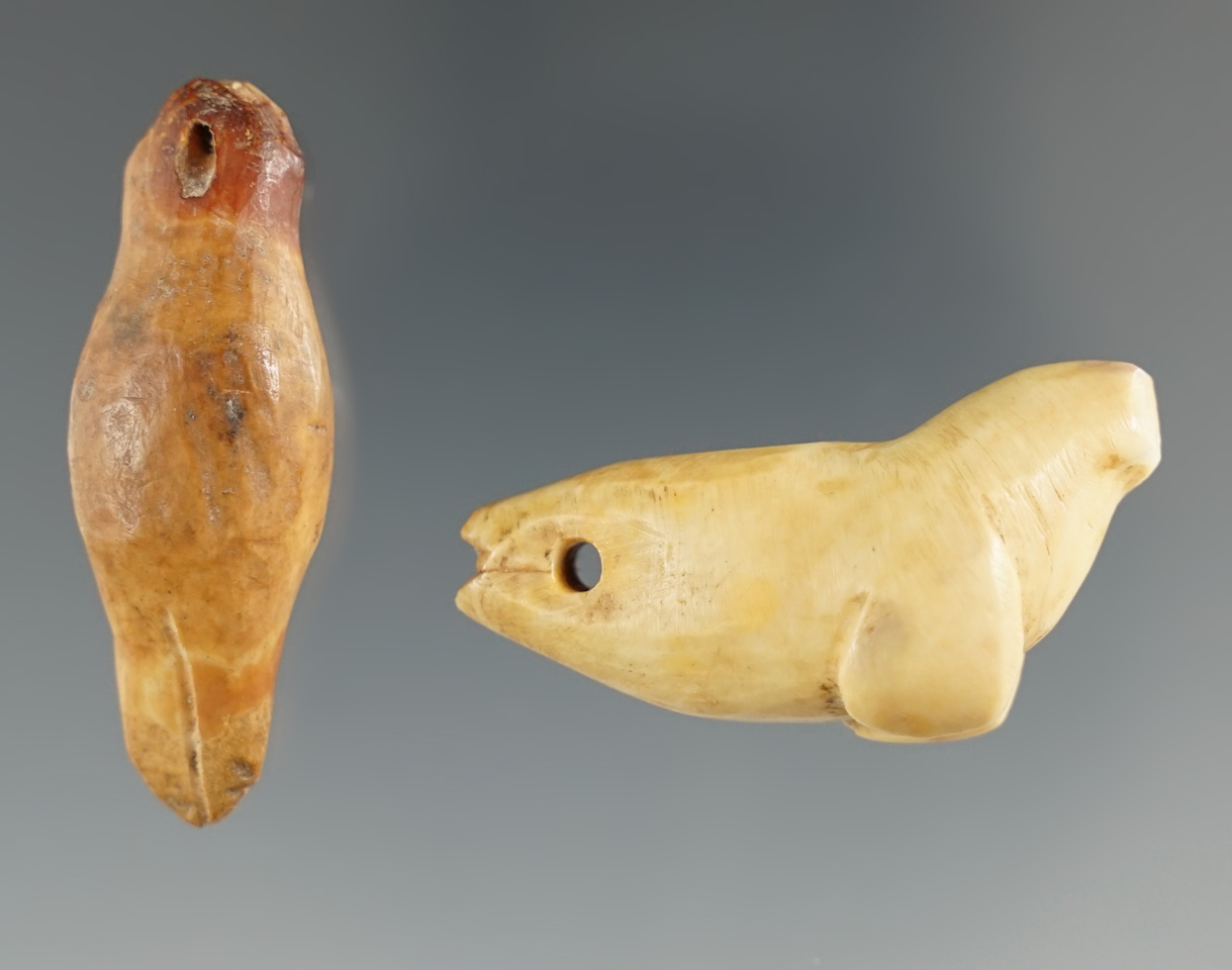 Pair of ivory seal effigy carvings found in Alaska. Largest is 1 9/16".