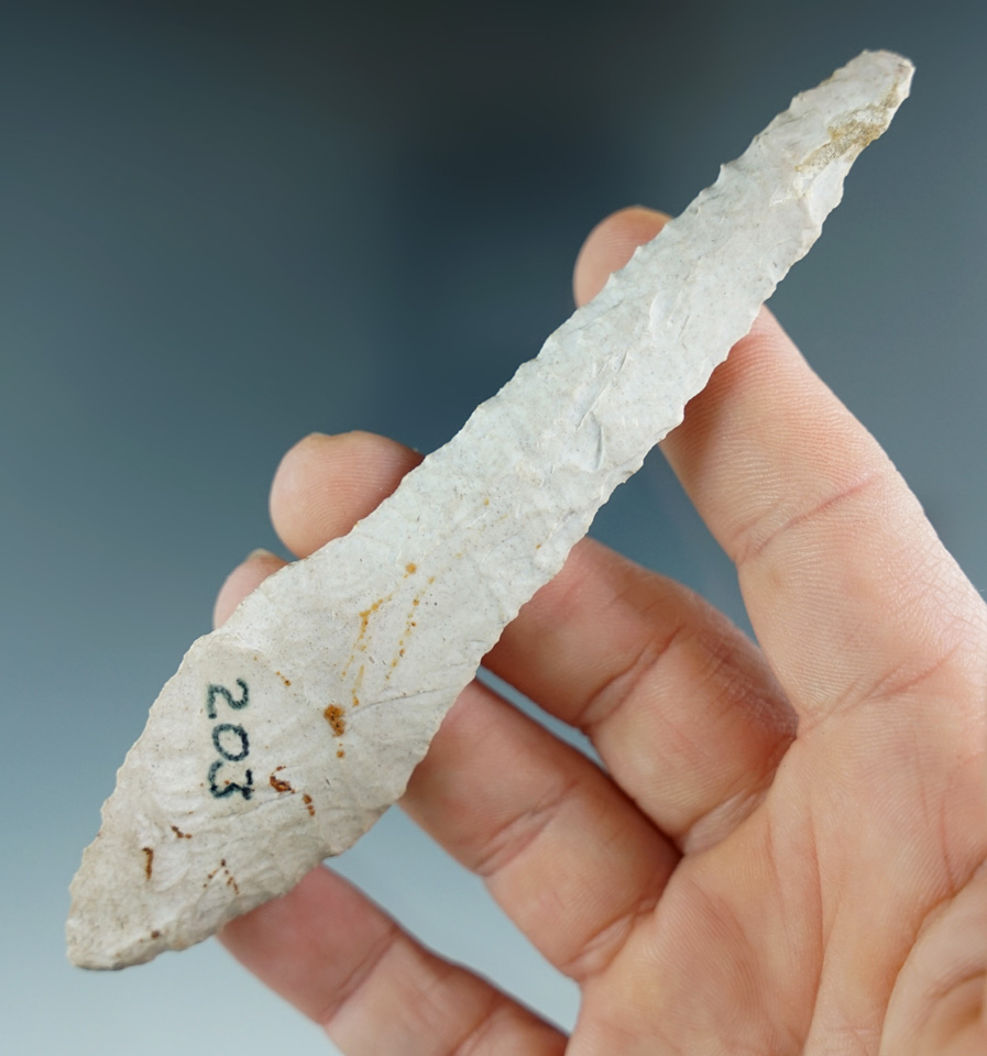 Steeply Beveled 4 13/16" Drill found in Pike Co., Illinois. Ex. Henry English Collection.