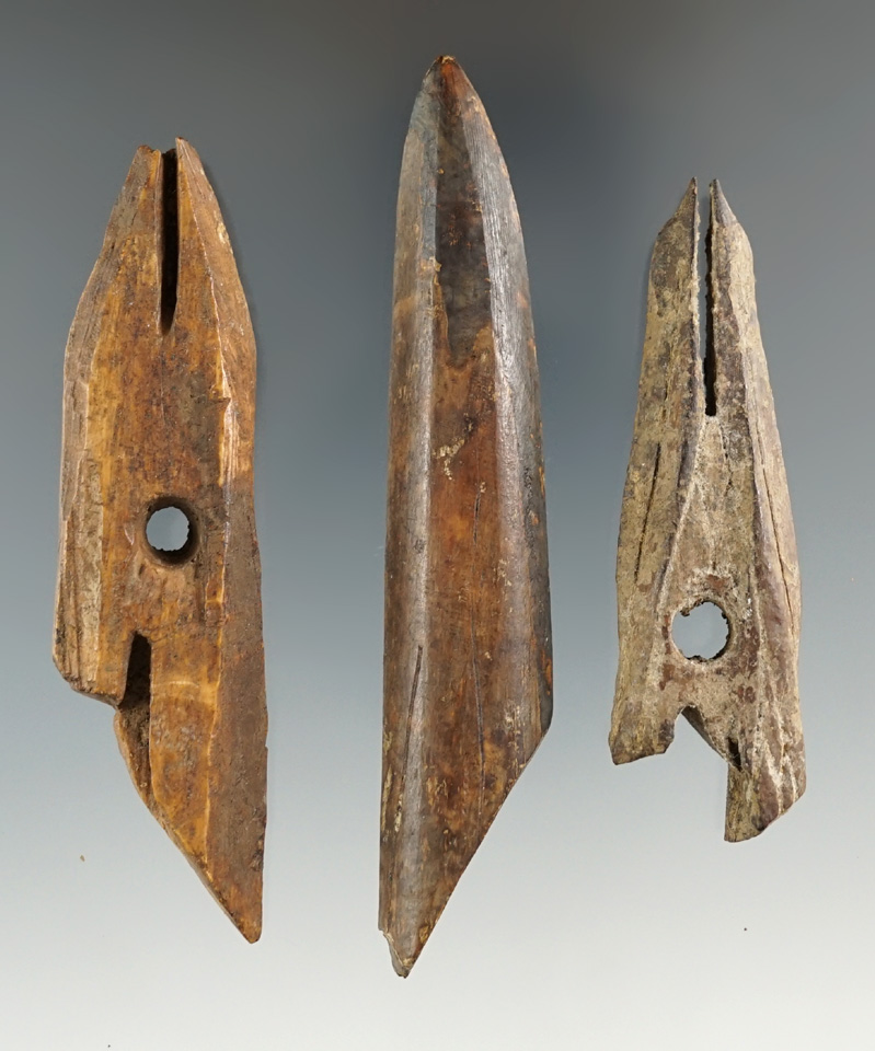 Set of three Inuit harpoon toggles, largest is 3 3/4". Found in Alaska.