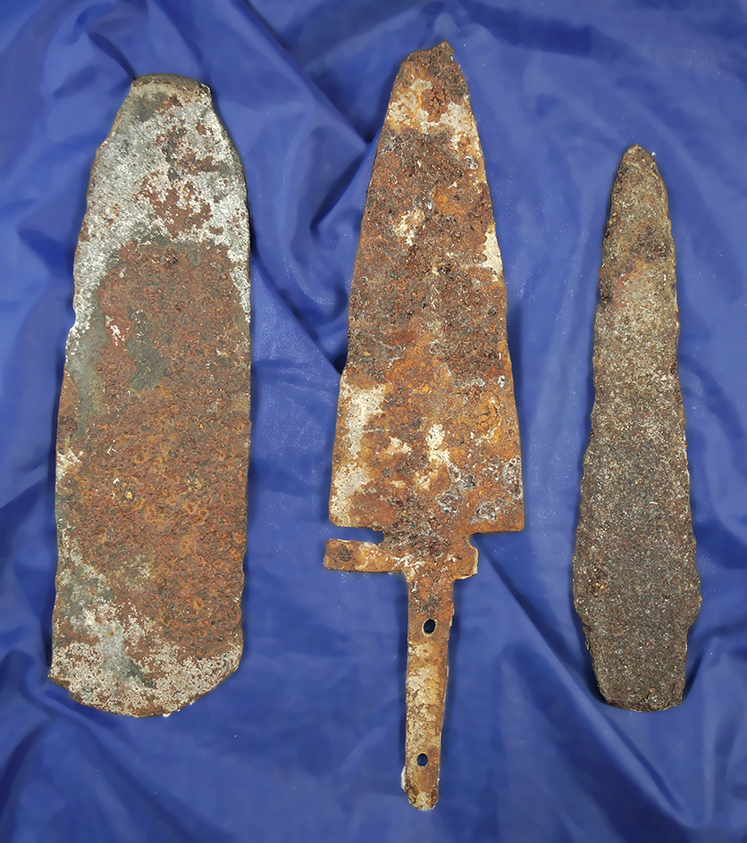 Group of three metal trade era relics including two knives and a very large spear - Columbia River.
