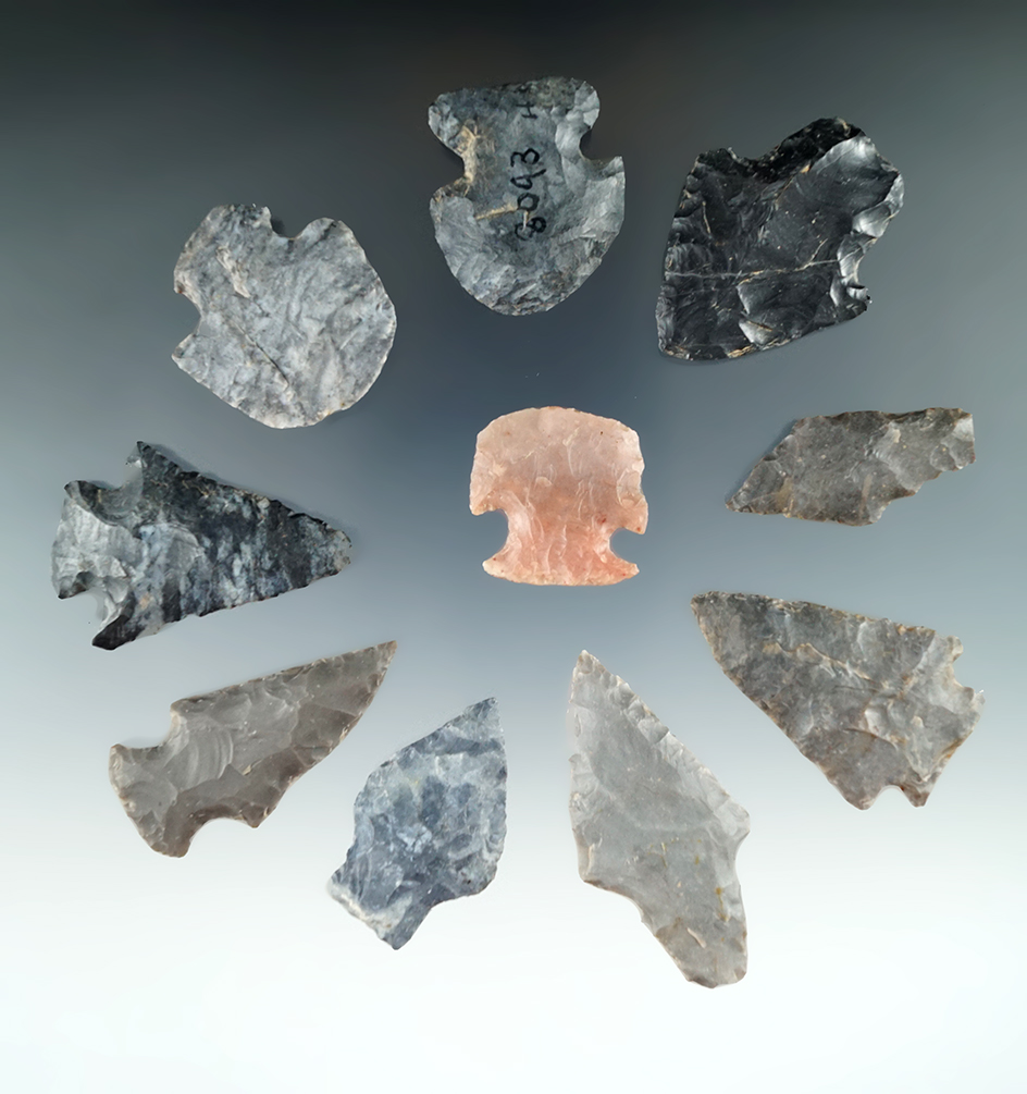 Set of 10 Ohio points and hafted scrapers in nice condition. Largest is 2 1/4".