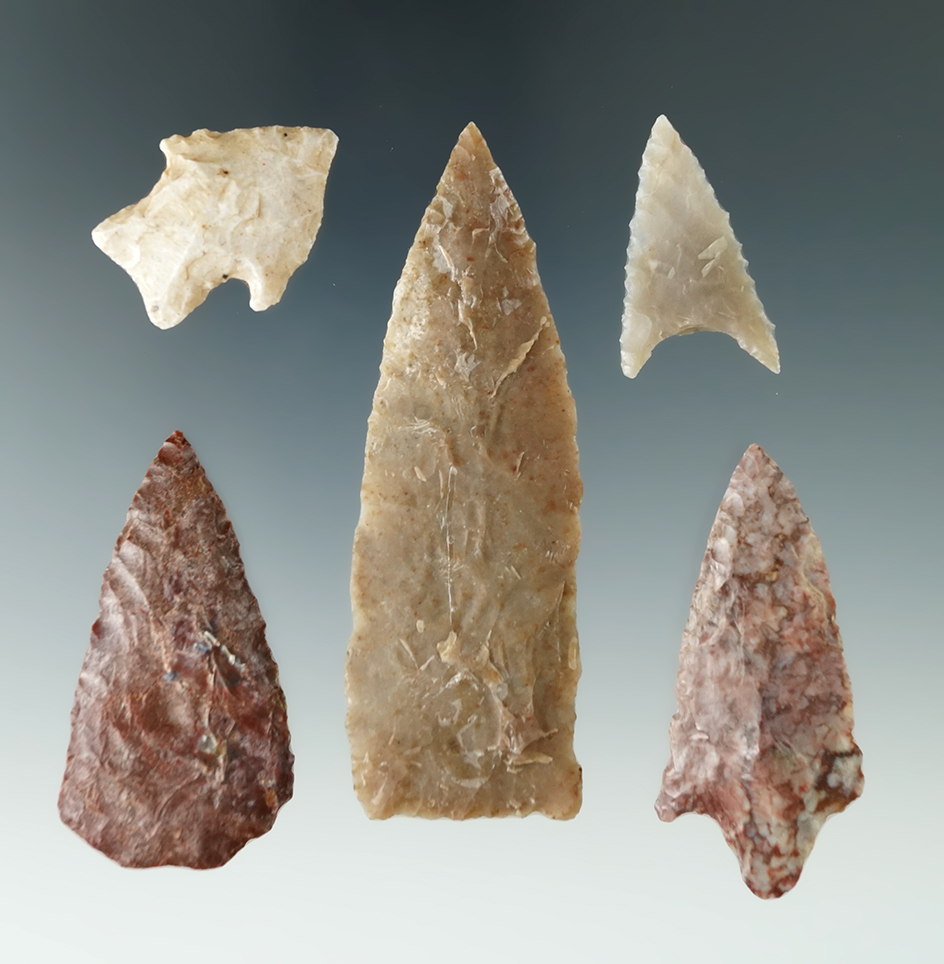 Group of five Texas flaked artifacts, largest is 3 1/4".