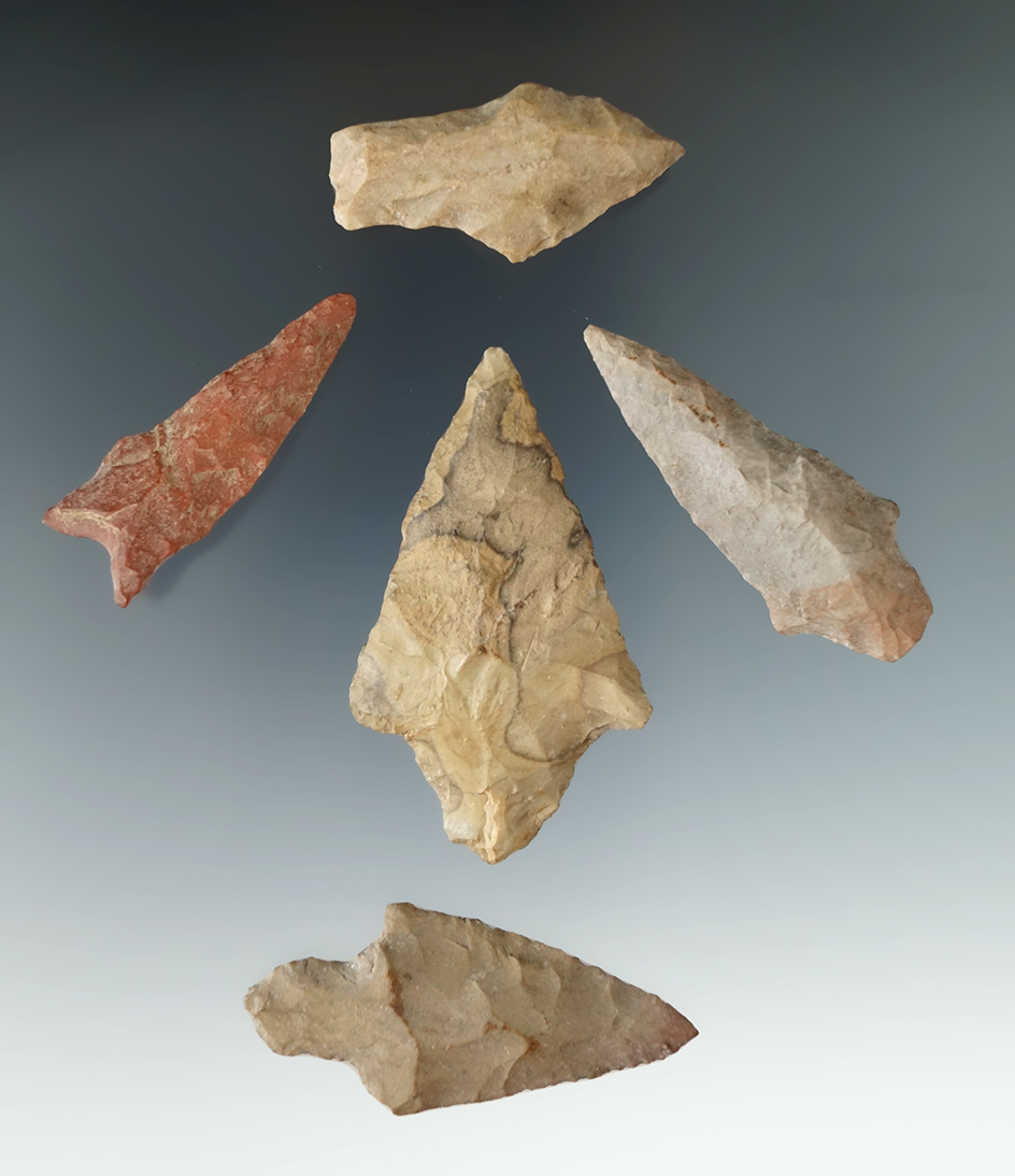 Set of five assorted New York arrowheads, largest is 2 3/8".