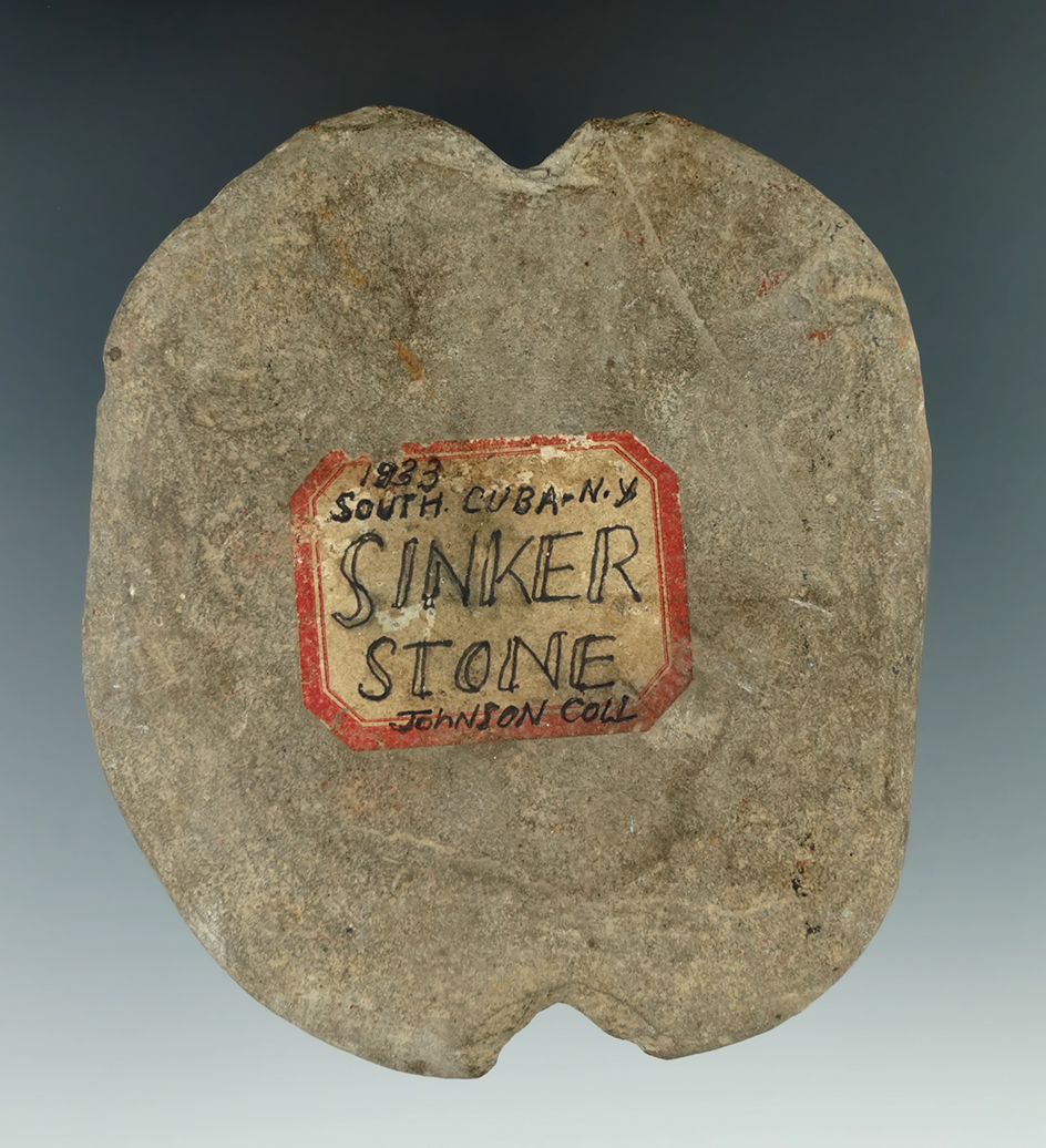 Excellent old tag on this 4 1/2" Notched Stone Sinker found in South Cuba New York in 1933.