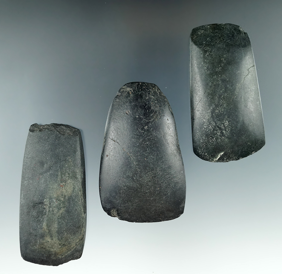 Set of three well polished Hardstone Celts found in Michigan, largest is 3 1/16".