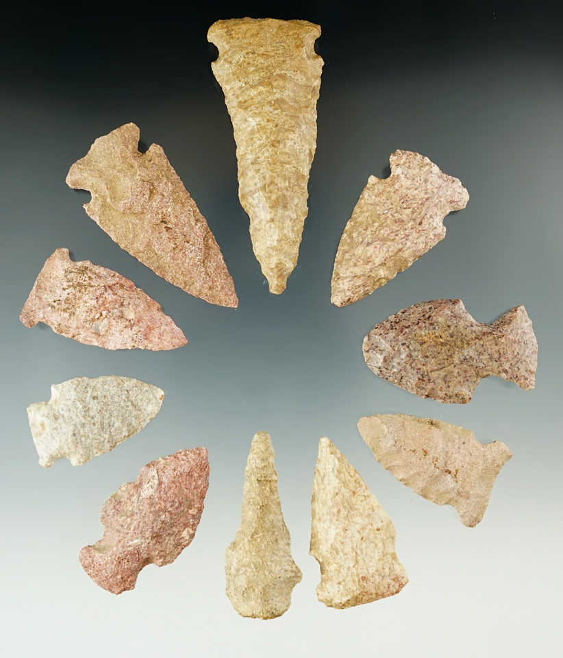 Set of 10 assorted flaked arrowheads, knives and tools made from Harrodsburg chert