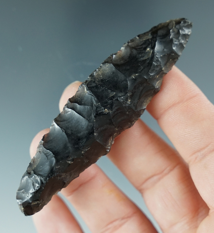 3 3/16" Paleo Haskett made from obsidian found near Owyhee, Idaho.