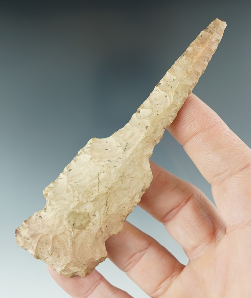 4 1/4" Fort Payne chert Hemphill Drill found in Illinois. Comes with a Davis COA.