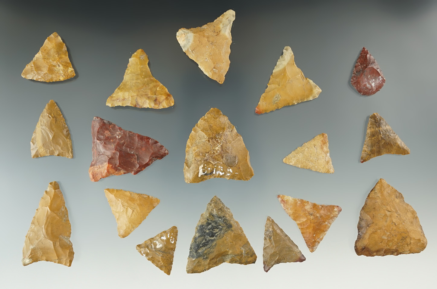 Set of 17 triangle points made from Pennsylvania Jasper found near Medford, NJ.