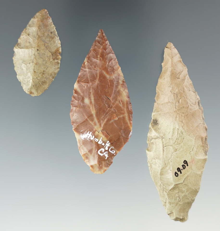 Set of three nice Excelsior dart points found in Humboldt County California.
