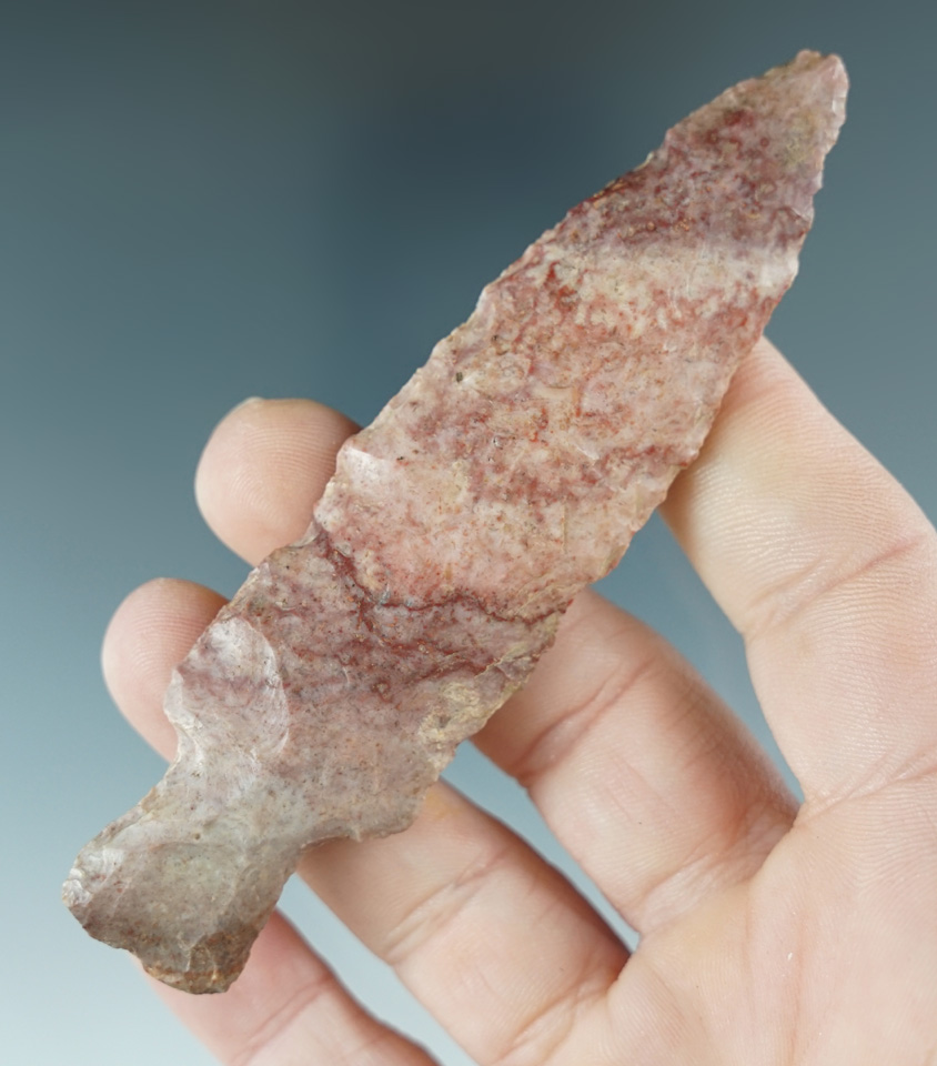 3 15/16" Beautiful purple and red Burlington Stemmed Point found in Missouri.