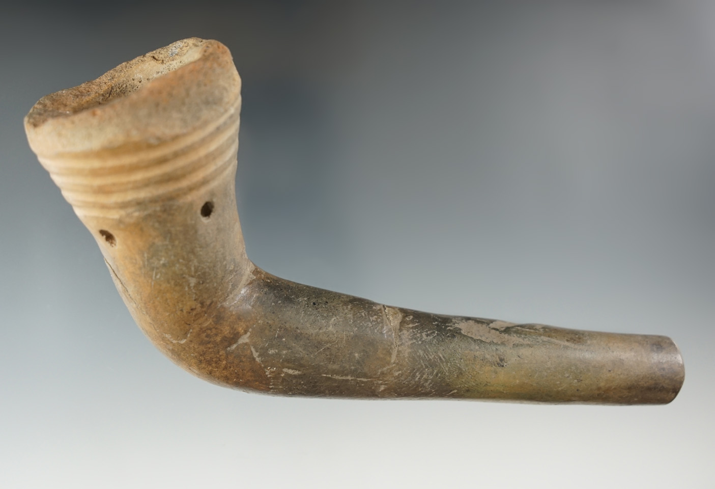 Large 6 1/8" long by 3" tall Iroquois clay ring bowl pipe which is broken and mended