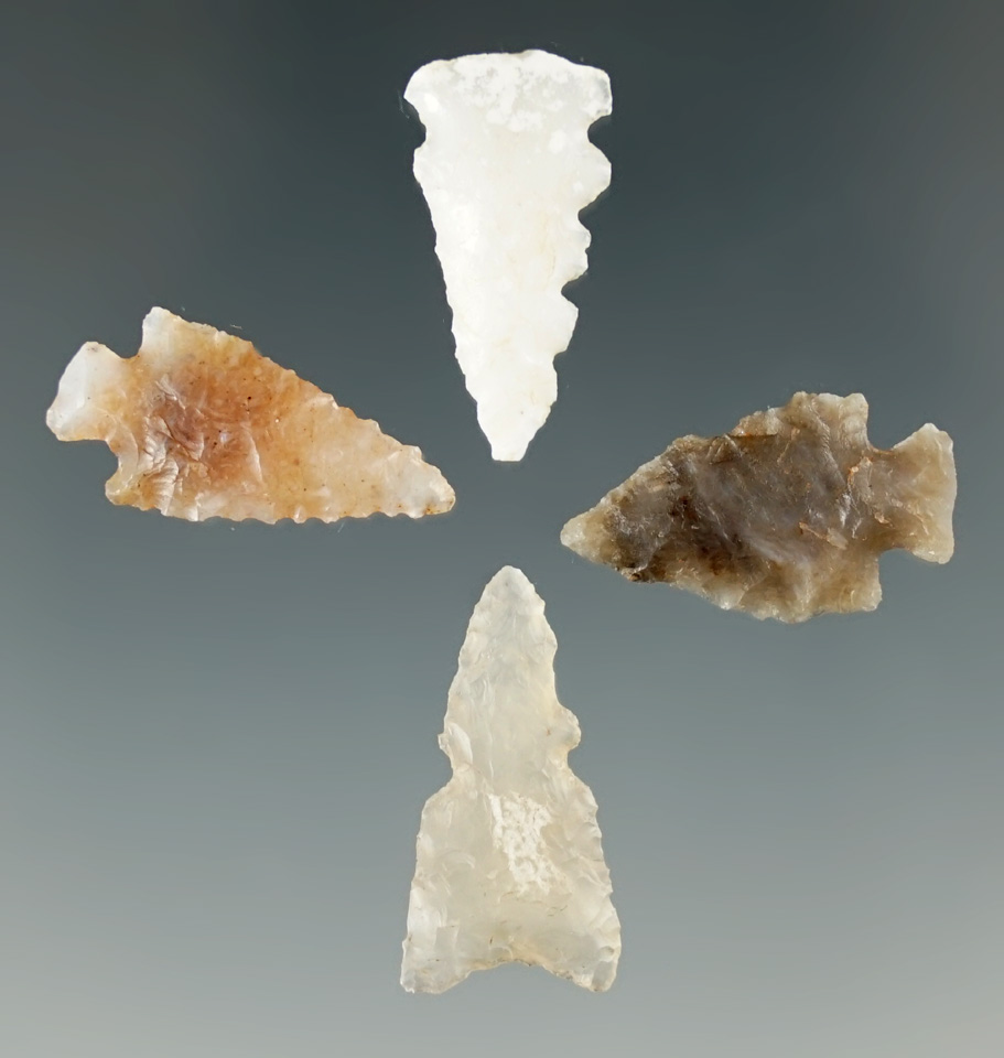 Set of four assorted arrowheads made from nice materials, largest is 13/16"
